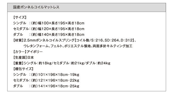 国産ボンネルコイルマットレス：サイズ表