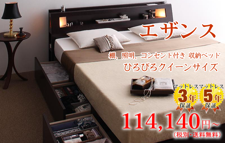 棚、照明、コンセント付き収納ベッド エザンス（クイーンベッド）