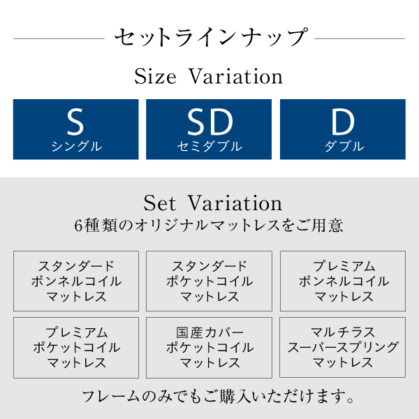 セットバリエーション：シングル、セミダブル、ダブル 6種類のオリジナルマットレスをご用意