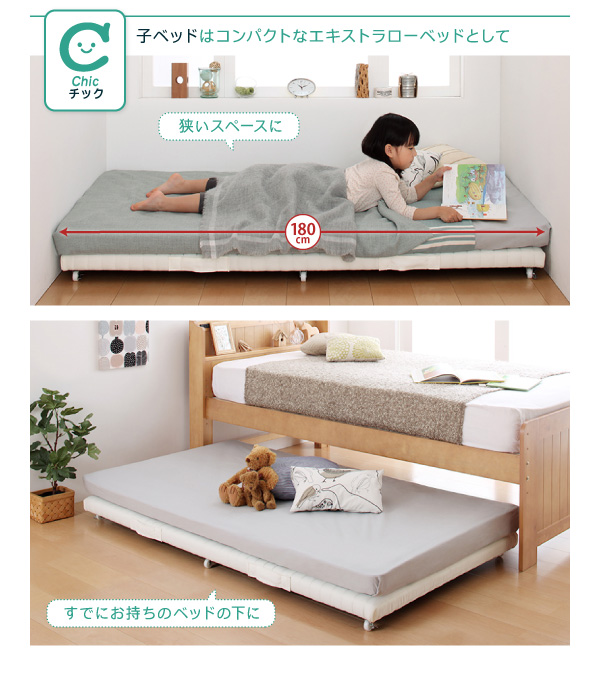 子ベッドは、コンパクトなエキストラローベッドとして。すでにお持ちのベッドの下に。