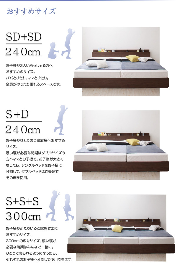 おすすめサイズ：セミダブル＋セミダブル、シングル＋ダブル、シングル＋シングル＋シングル