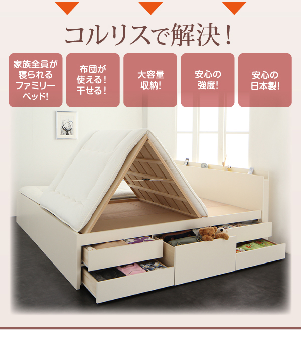 【コルリス】で解決！ 家族全員が寝られるファミリーベッド、布団が使える、干せる、大容量収納、安心の強度、安心の日本製