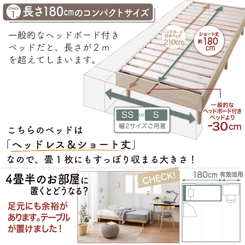 【チェック 1】一般的なヘッドボード付きベッドだと、長さ2mを超えてしまいます。こちらのベッドは「ヘッドレス&ショート丈」なので、畳1枚にもすっぽり収まる大きさ! 一般的なヘッドボード付きベッドより「-30cm」