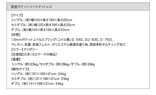 国産ポケットコイルマットレス：サイズ表