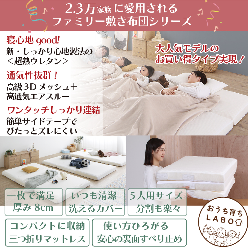 大人気モデルのお買い得タイプ実現！【寝心地good！：新・しっかる心地製法＜超熟ウレタン＞】【通気性抜群！：高級3Dメッシュ＋高通気性エアスルー】【ワンタッチしっかり連結：簡単サイドテープで、ぴったりとズレにくい】【一枚で満足：厚み8cm】【いつも清潔：洗えるカバー】【5人用サイズ：分割も楽々】【コンパクトに収納：三つ折りマットレス】【使い方ひろがる：安心の裏面すべり止め】