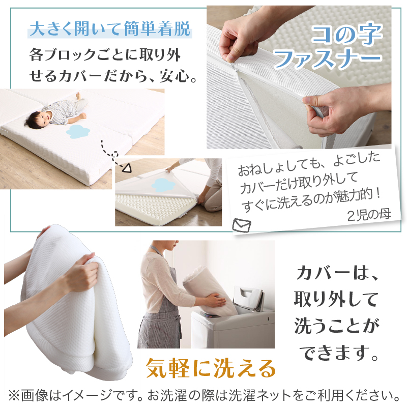 大きく開いて簡単脱着（コの字ファスナー）、各ブロックごとに取り外せるカバーだから、安心。