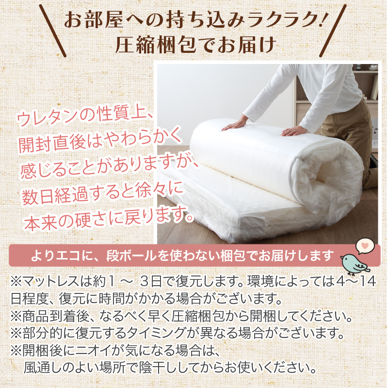 お部屋への持ち込みラクラク！ 圧縮梱包でお届け。よりエコに、段ボールを使わない梱包でお届けします。
