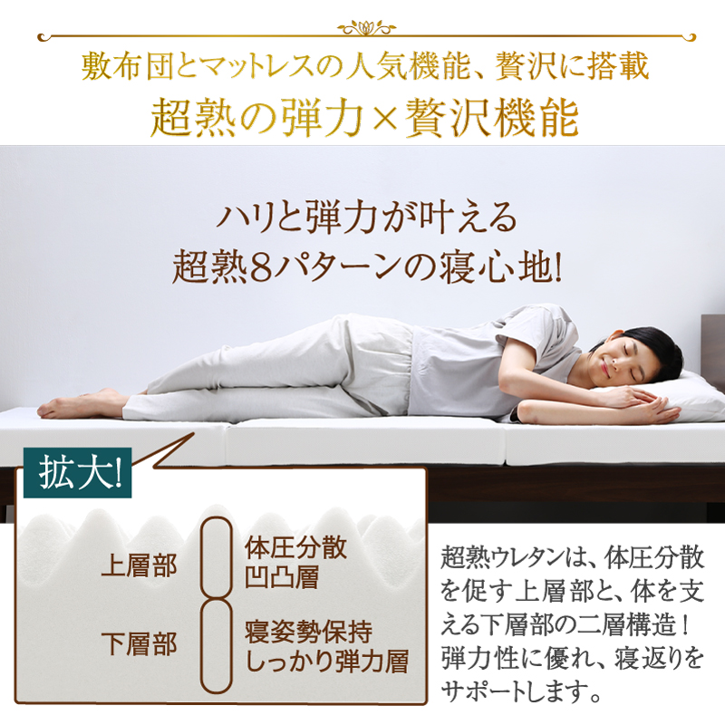 ハリと弾力が叶える超熟8パターンの寝心地！ 超熟ウレタンは、体圧分散を促す上層部と、体を支える下層部の二重構造！ 弾力性に優れ、寝返りをサポートします。
