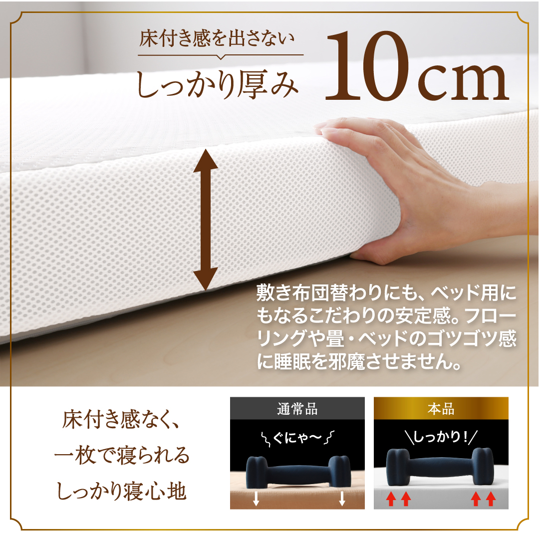 床付き感を出さない、しっかり厚み10cm。敷き布団替わりにも、ベッド用にもなるこだわりの安定感。フローリングや畳・ベッドのゴツゴツ感に睡眠を邪魔させません。