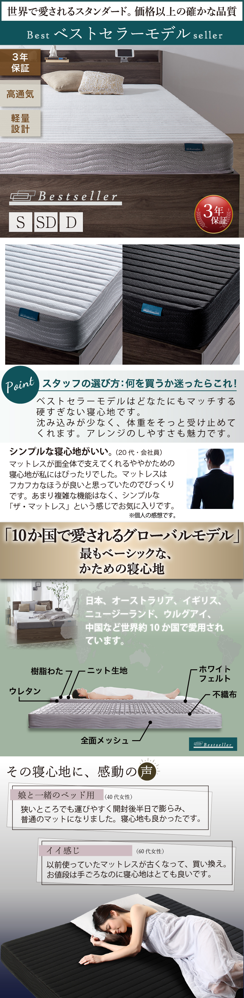 【ベストセラーモデル：3年保証、高通気、軽量設計】最もベーシックな、かための寝心地。
