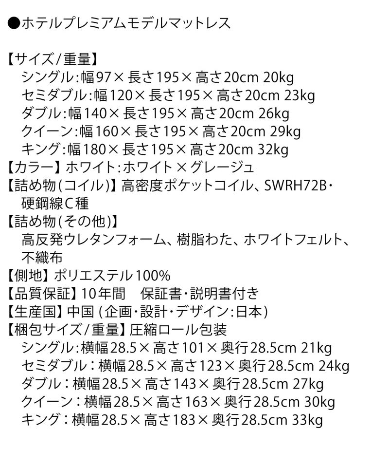 【ホテルプレミアム マットレス】製品サイズ表、梱包仕様