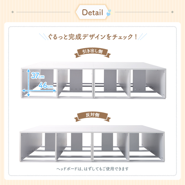 ぐるっと完成デザインをチェック！「引き出し側」「反対側」。ヘッドボードは、はずしてもご使用できます。