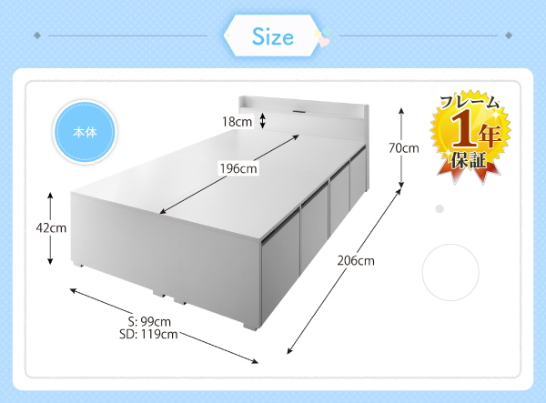 フレームは1年保証、本体フレームと引き出しの部位別サイズ表