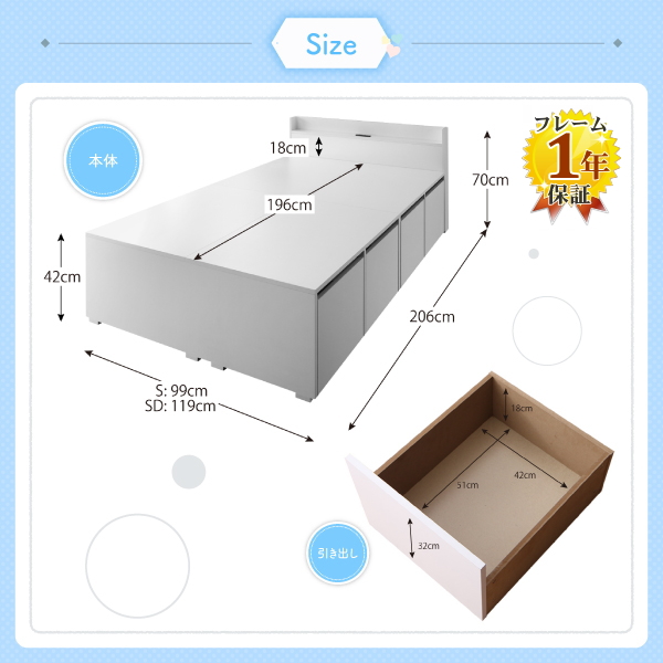 フレームは1年保証、本体フレームと引き出しの部位別サイズ表