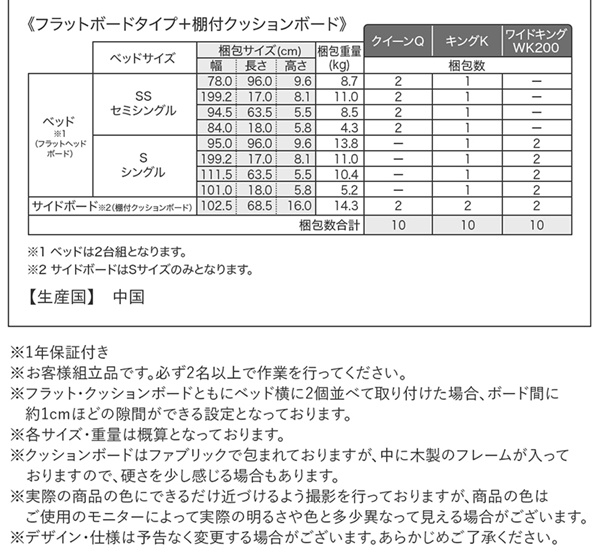 【フラットボードタイプ ＋ 棚付きクッションボード】梱包サイズ、梱包重量、梱包数