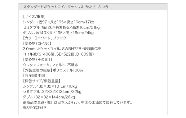 ダブリン：「スタンダードポケットコイルマットレス」製品サイズ