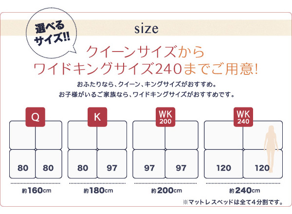 クイーンサイズからワイドキングサイズ240までご用意！