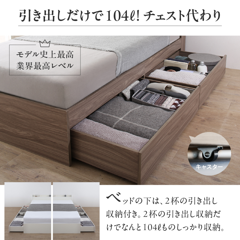 引き出しだけで104L！チェスト代わり！ ベッドの下は、2杯の引き出し収納付き。2杯の引き出し収納だけで、なんと104Lのしっかり収納。