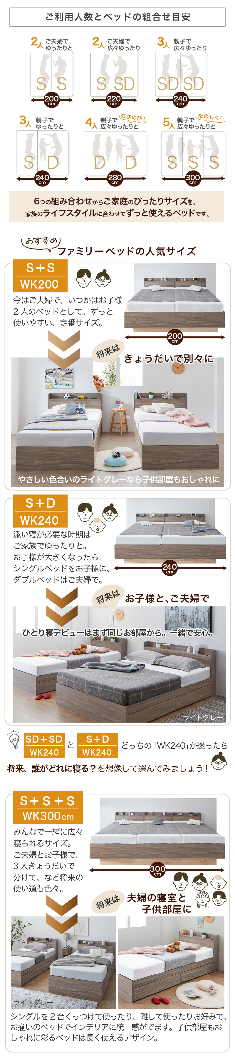6つの組み合わせから、ご家庭のぴったりサイズを。家族のライフスタイルに合わせて、ずっと使えるベッドです。