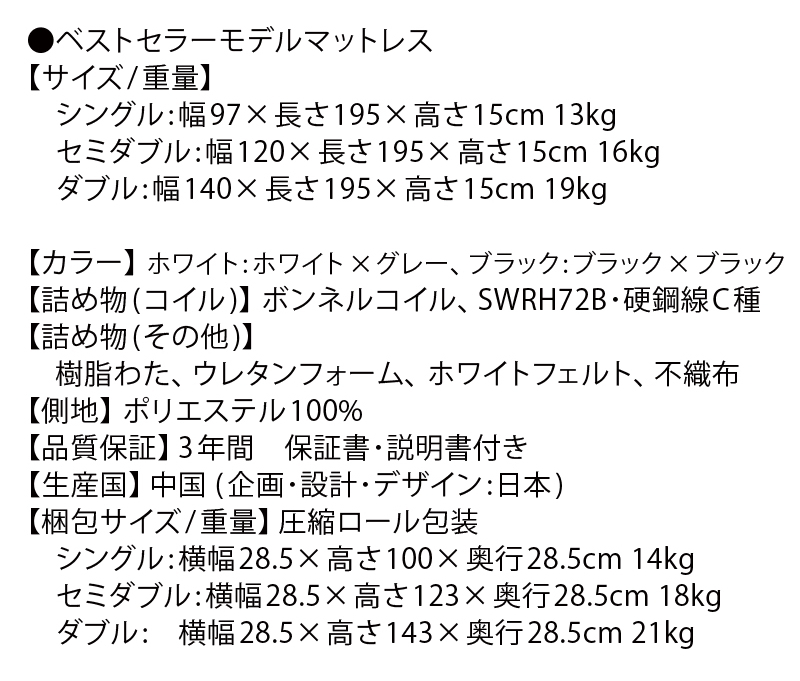 ベストセラーモデルマットレス：サイズ表