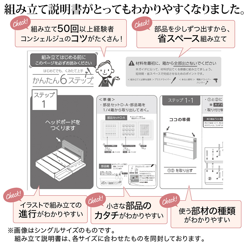 組み立て説明書がとってもわかりやすくなりました。組み立て50回以上の経験者コンシェルジュのコツがたくさん！ 部品を少しずつ出すから、小スペース組み立て。