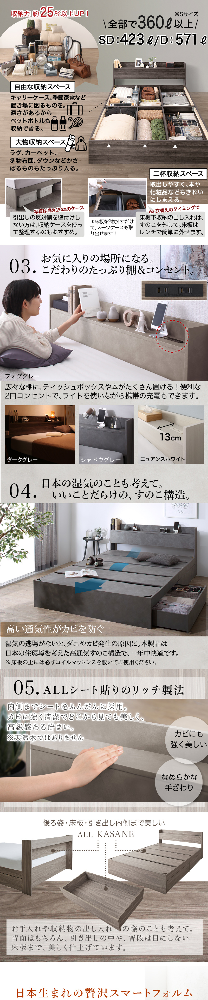 大きいものも、たっぷりと。シンプルな暮らしを手伝うベッドした収納。シングルサイズで360L以上。【03.お気に入りの場所になる。こだわりのたっぷり棚＆コンセント。】【04.日本の湿気のことも考えて、いいことだらけの、すのこ構造。】【05.オールシート貼りのリッチ製法。】後ろ姿・床板・引き出し内側まで美しい。