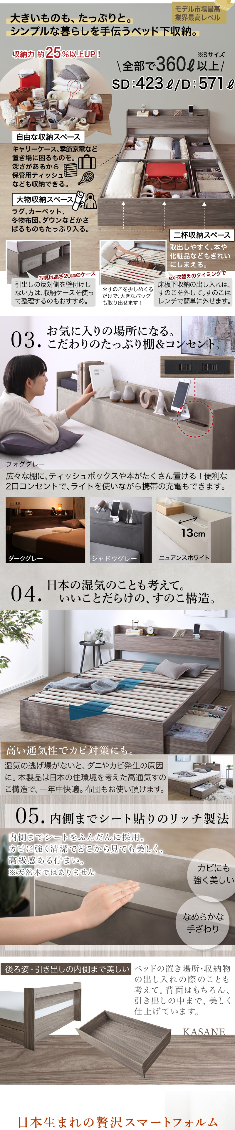 大きいものも、たっぷりと。シンプルな暮らしを手伝うベッドした収納。シングルサイズで360L以上。【03.お気に入りの場所になる。こだわりのたっぷり棚&コンセント。】【04.日本の湿気のことも考えて、いいことだらけの、すのこ構造。】【05.オールシート貼りのリッチ製法。】後ろ姿・床板・引き出し内側まで美しい。