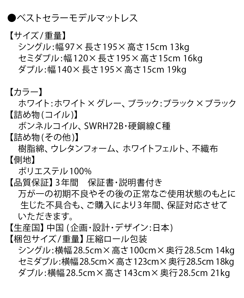 ベストセラーモデルマットレス：サイズ表
