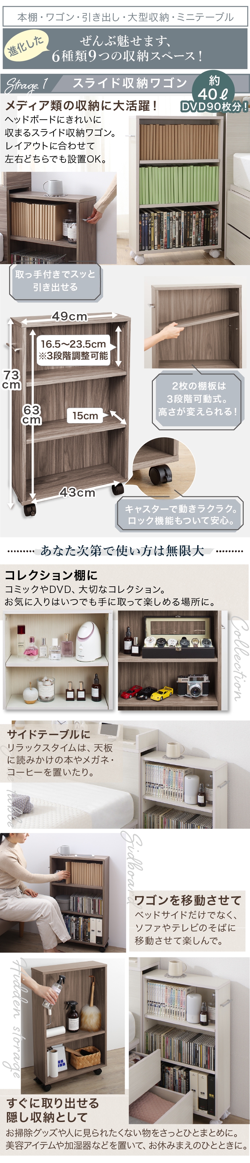 【スライド収納ワゴン】メディア類の収納に大活躍！ コレクションの棚に、サイドテーブルに、移動して使える！ すぐに取り出せる隠し収納として