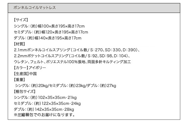ボンネルコイルマットレス：サイズ表