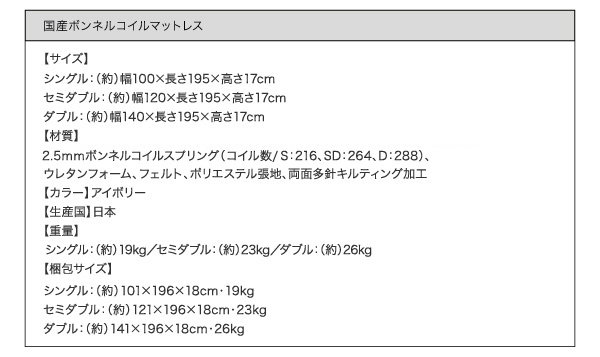 国産ボンネルコイルマットレス：サイズ表