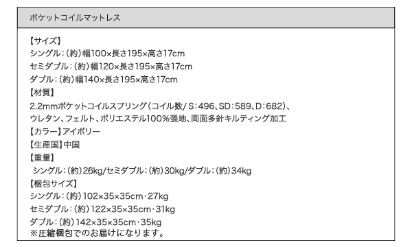 ポケットコイルマットレス：サイズ表