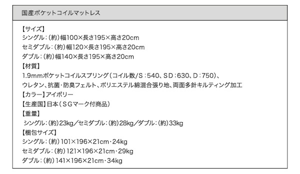 国産ポケットコイルマットレス：サイズ表