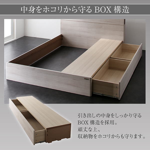 引き出しの中身をしっかり守るBOX構造。 頑丈な上、収納物をホコリからも守ります。