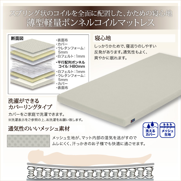 スプリング状のコイルを全面に配置した、かための寝心地【薄型軽量ボンネルコイルマットレス】厚さ：10cm