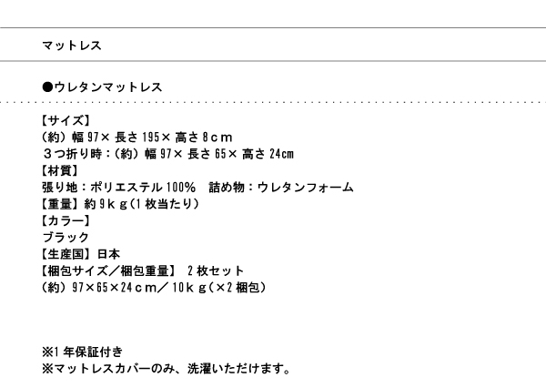 ウレタンマットレス 寸法表 梱包サイズ表