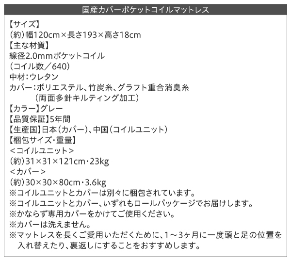 国産カバー ポケットコイルマットレス サイズ表