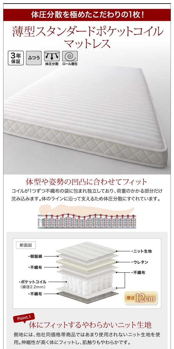 薄型スタンダードポケットコイルマットレス「3年保証、かたさ：かため、体圧分散、ロール梱包」