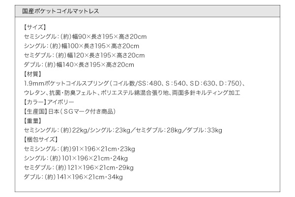 国産ポケットコイルマットレス サイズ表