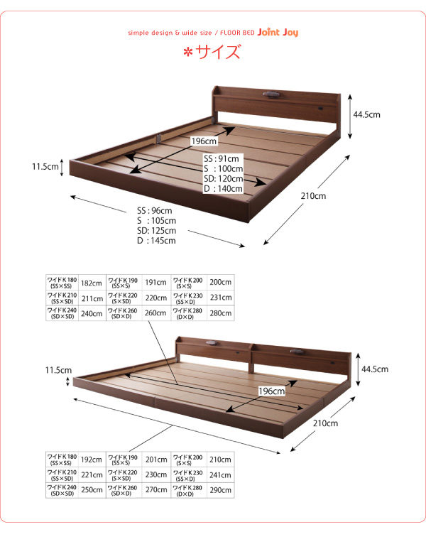 【ジョイント ジョイ】 連結フロアベッド フレーム部位別サイズ表
