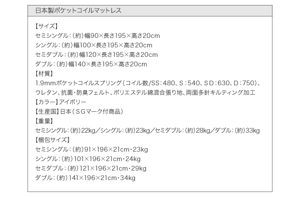 日本製ポケットコイルマットレス サイズ表