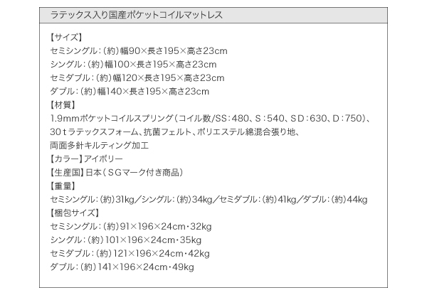 ラテックス入り国産ポケットコイルマットレス サイズ表