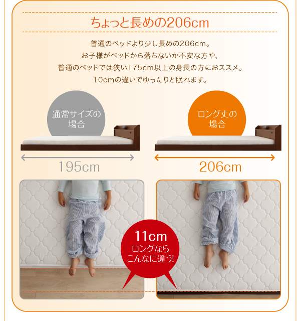 ちょっと長めの206cm。10cmの違いでゆったりと眠れます。