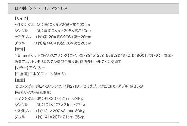 国産ポケットコイルマットレス：サイズ表