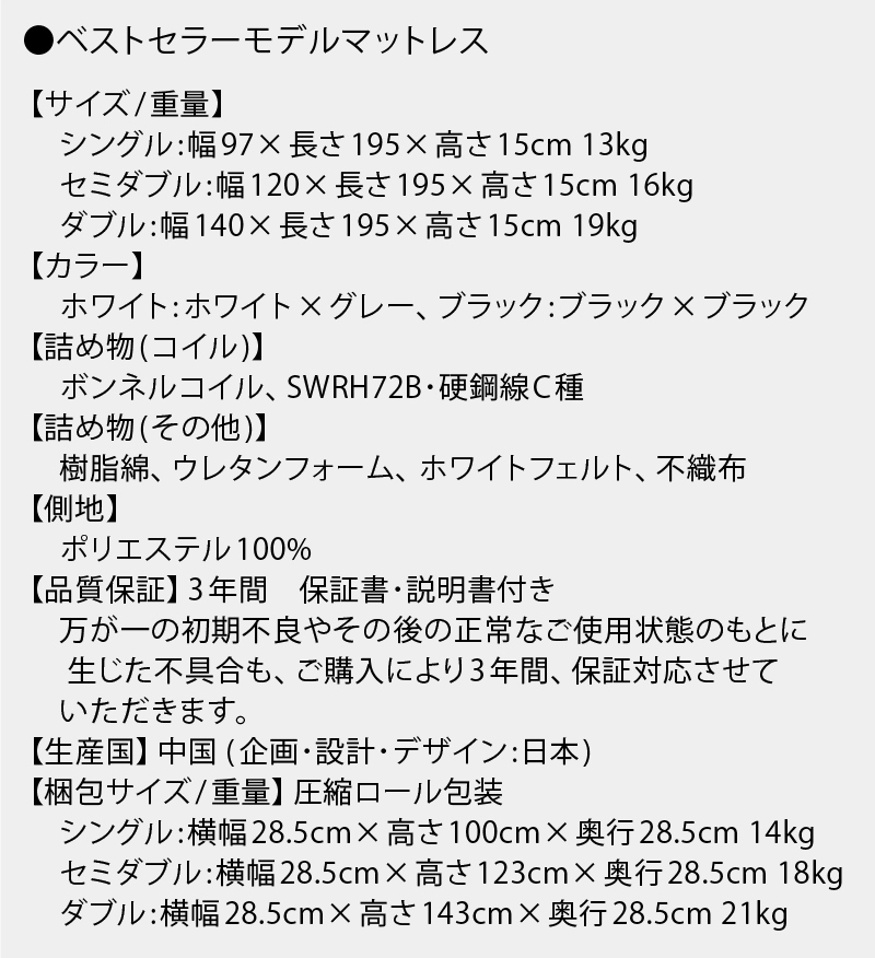 【ベストセラーモデルマットレス】製品サイズ