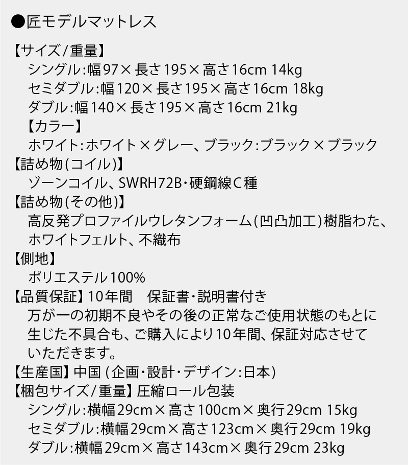 【匠モデルマットレス】製品サイズ