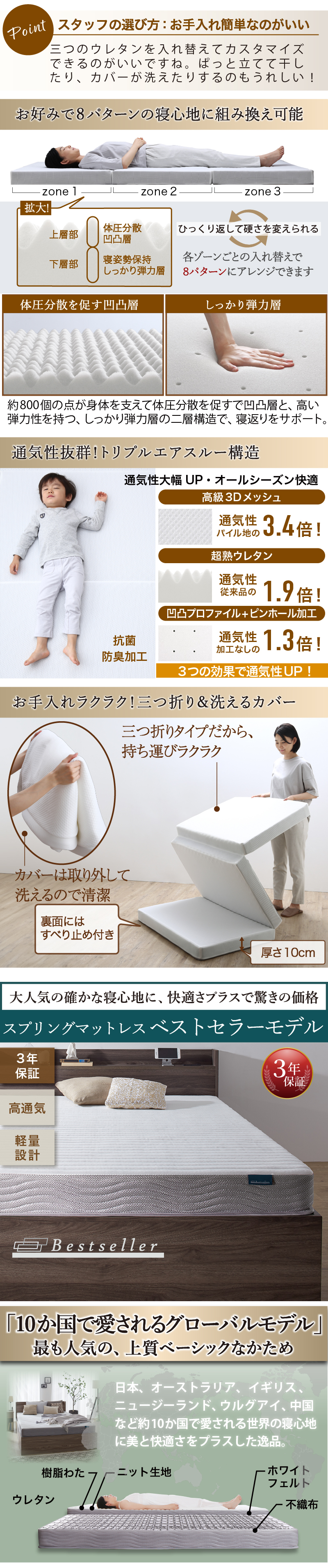 【ベストセラーモデルマットレス】3年保証、高通気、軽量設計、「10か国で愛されるグローバルモデル」最も人気の、上質ベーシックな「かため」