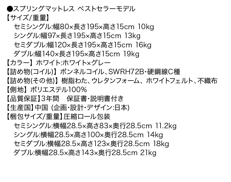 ベストセラーモデルマットレス：サイズ表