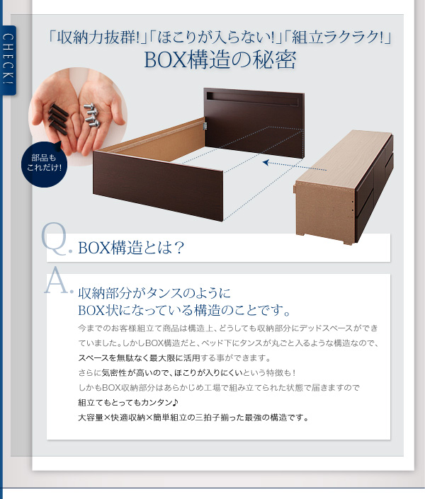 「収納力抜群」「ホコリが入らない」「組立ラクラク」BOX構造の秘密。BOX構造とは、収納部分がタンスのようにBOX状になっている構造のことです。