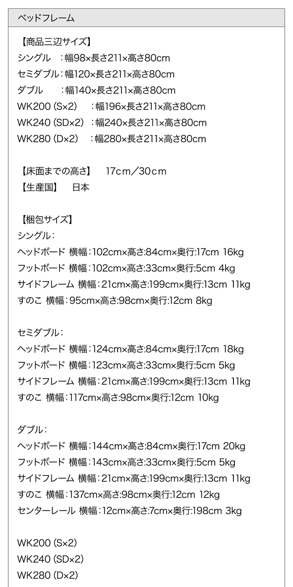 【ランツァ】フレーム寸法表 梱包サイズ表